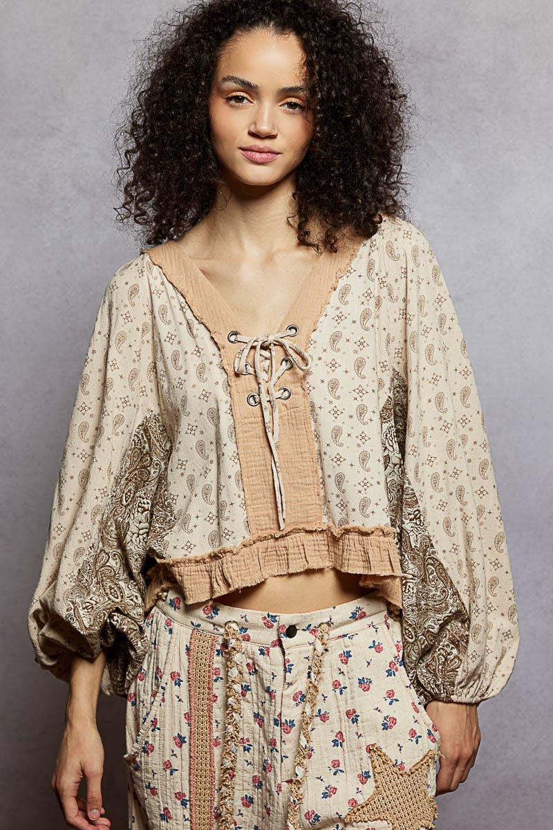 Strawberry V Neck Balloon Sleeve Floral Ruffle Woven Printed Top