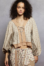 Strawberry V Neck Balloon Sleeve Floral Ruffle Woven Printed Top