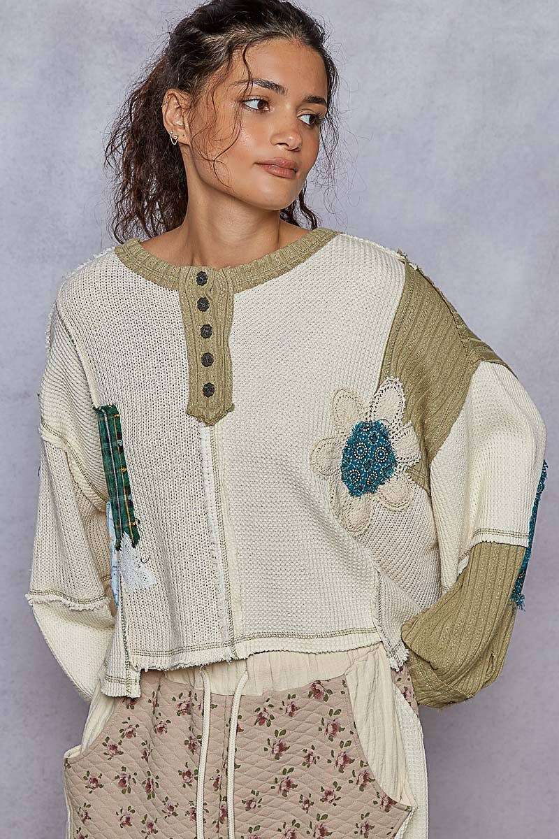 Pol Clothing - Round neck cut and sew patch oversized knit top