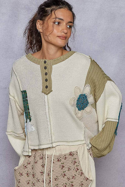 Pol Clothing - Round neck cut and sew patch oversized knit top