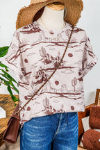 Fashion-W Western Desert Sand Print Short Sleeve Knit Top