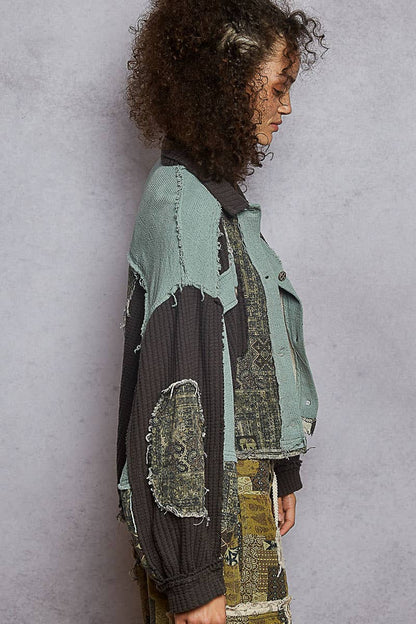 Pol Clothing - Balloon Sleeve Contrast Paisley Pattern Cropped Knit Jacket