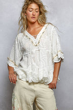 Pol Clothing - Short Sleeve Adjustable Drawstring Crochet V Neck Top