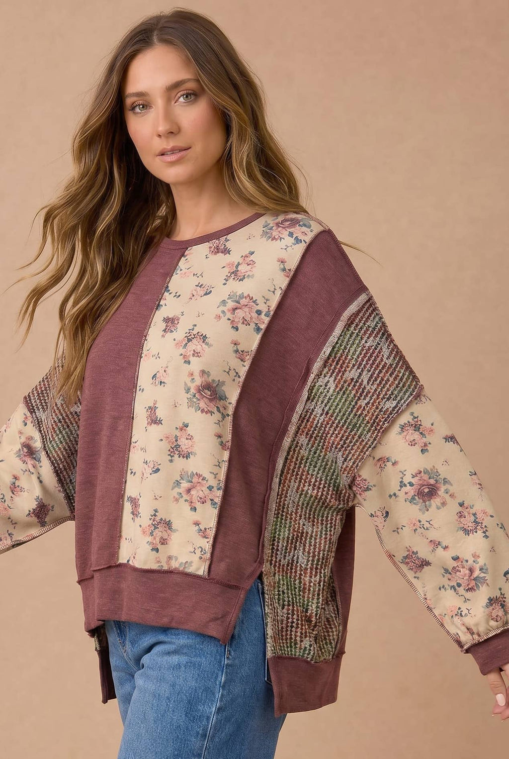 Haptics - Mixed Fabric Floral Waffle Knit Paneling Top