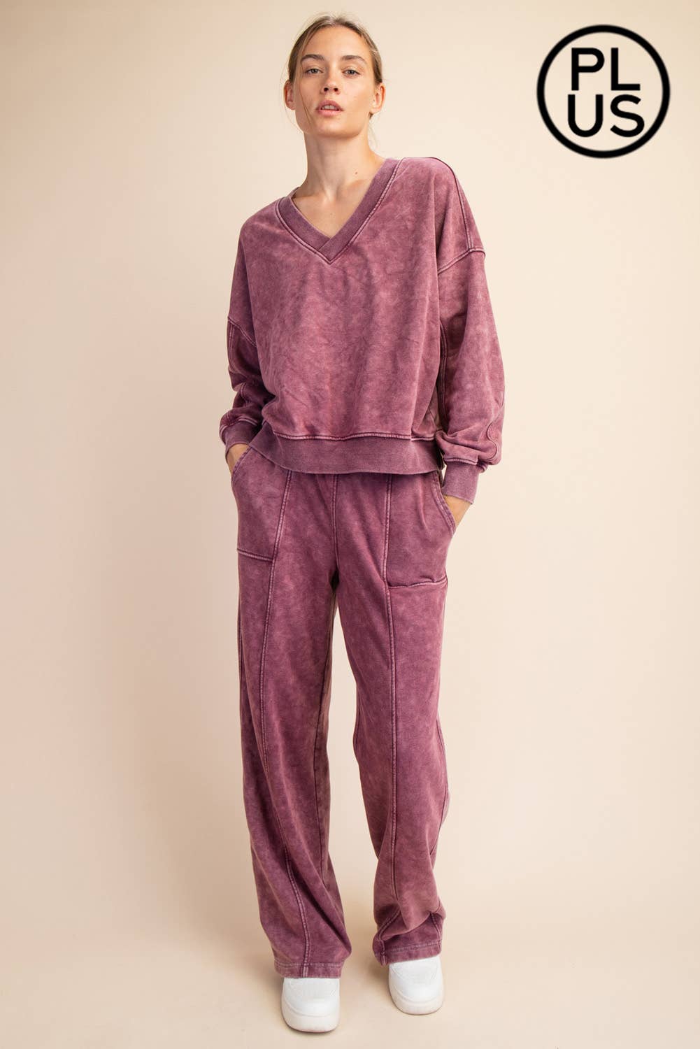PLUS SIZE MINERAL WASHED FRENCH TERRY V-NECK PULLOVER Rae Mode