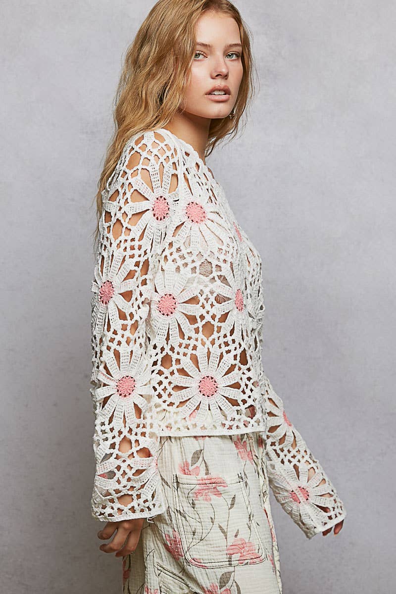 Pol Clothing - Floral Weave Round Neck Long Sleeve Crochet Top