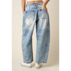 PLAID HEART PATCH BARREL LEG JEANS