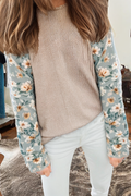 Twist Ribbed Floral Contrast Patchwork Long Sleeve Top