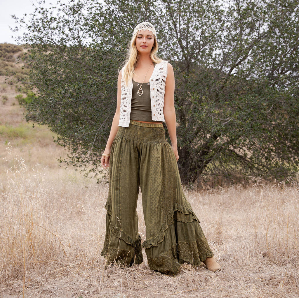 Young Threads - Boho Smocked Mineral Wash Lace Tiered Ruffle Pants NEW