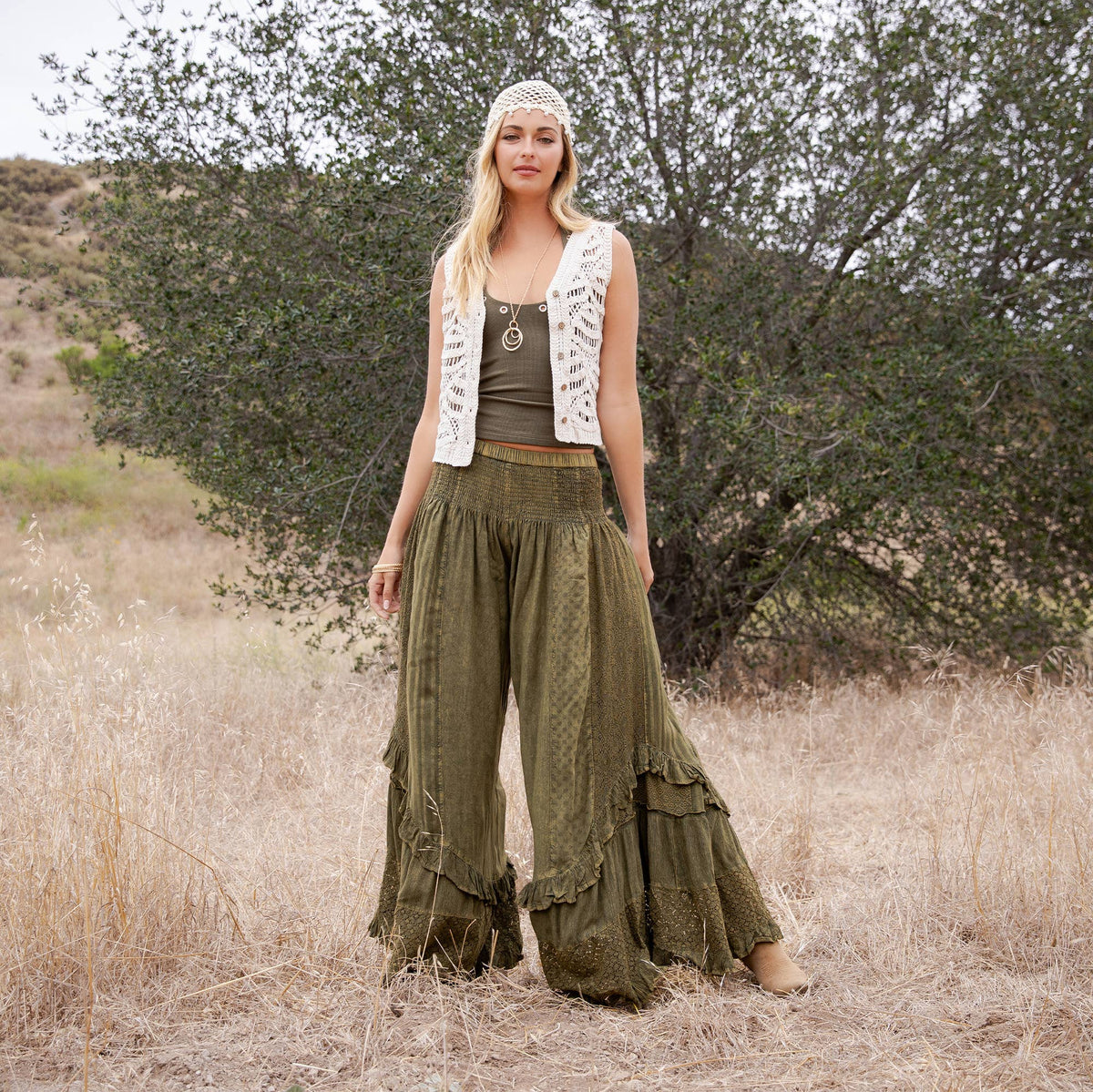Young Threads - Boho Smocked Mineral Wash Lace Tiered Ruffle Pants NEW