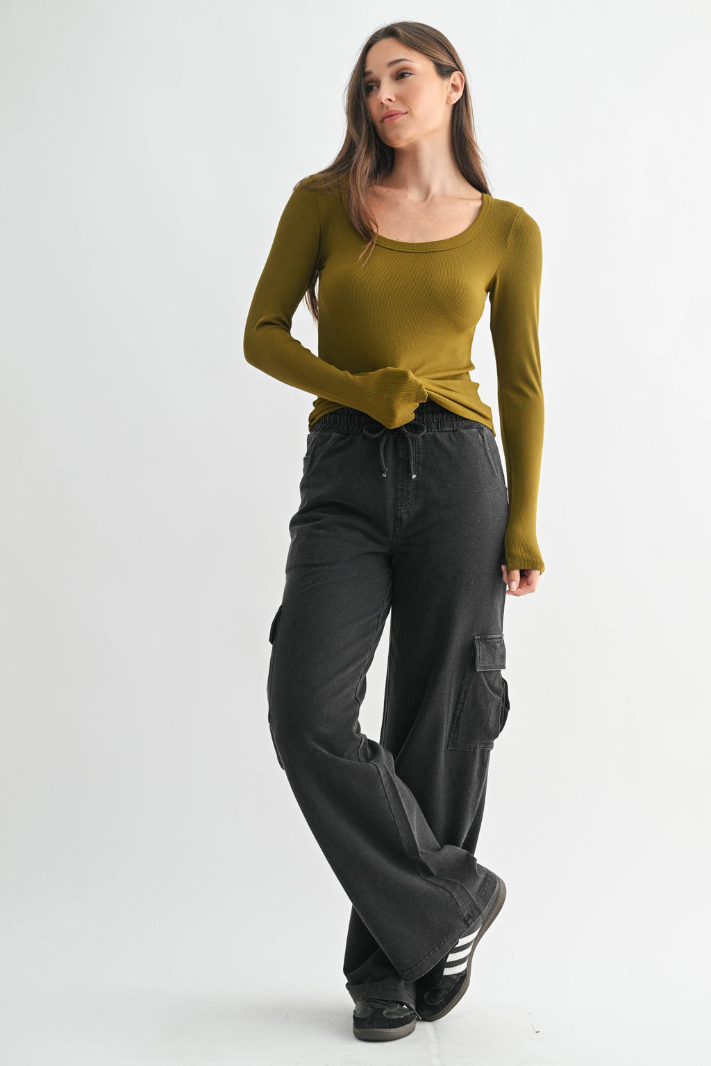 Scoop Neck Micro-Ribbed Long Sleeve Top Mono B