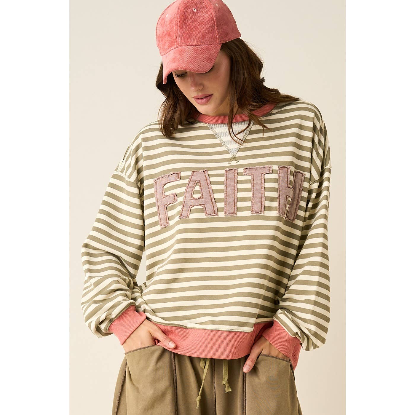 FAITH PATCHWORK STRIPED LONG SLEEVE SWEATSHIRT
