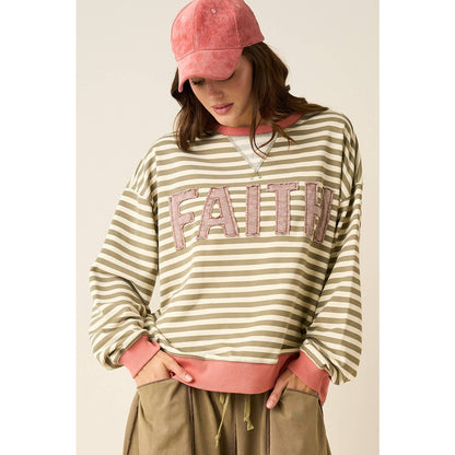 FAITH PATCHWORK STRIPED LONG SLEEVE SWEATSHIRT