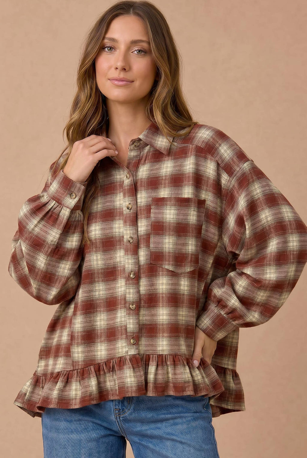 Haptics - Button Down Check Plaid Babydoll Peplum Shirt