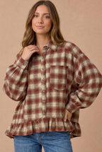Haptics - Button Down Check Plaid Babydoll Peplum Shirt