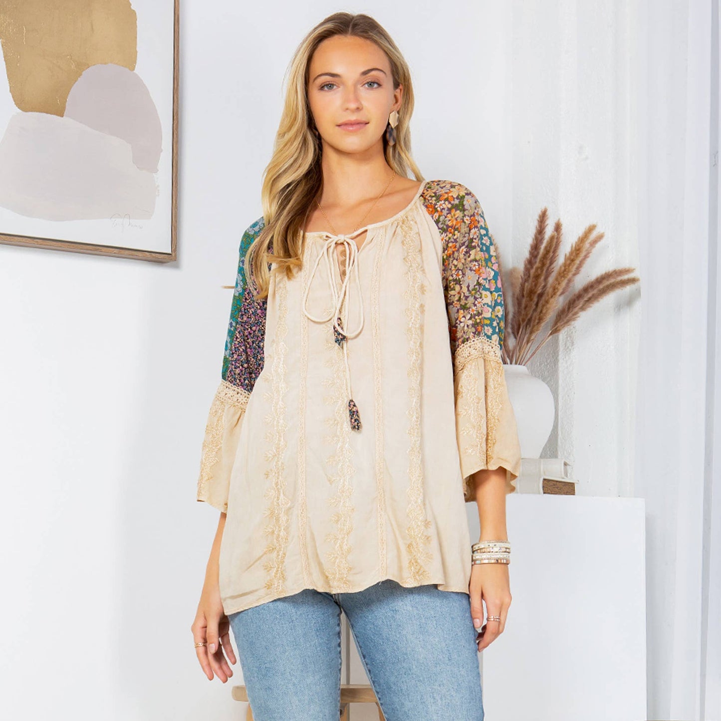Young Threads - Enchanting Whimsy Overdyed Rayon Peasant Top With Embroidery