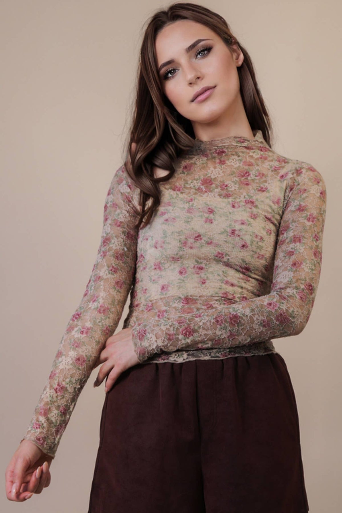 High Neck Fitted Sheer Mesh Lace Knit Top
