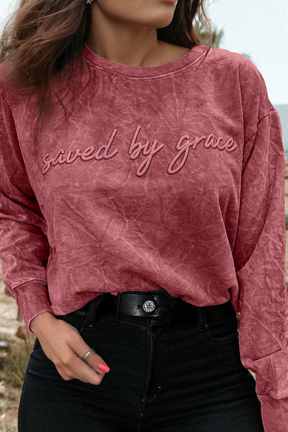 Saved By Grace Embroidery Mineral Wash Loose Sweatshirt