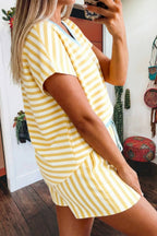 Stripe Colorblock Trim Tee Drawstring Elastic Waist Set