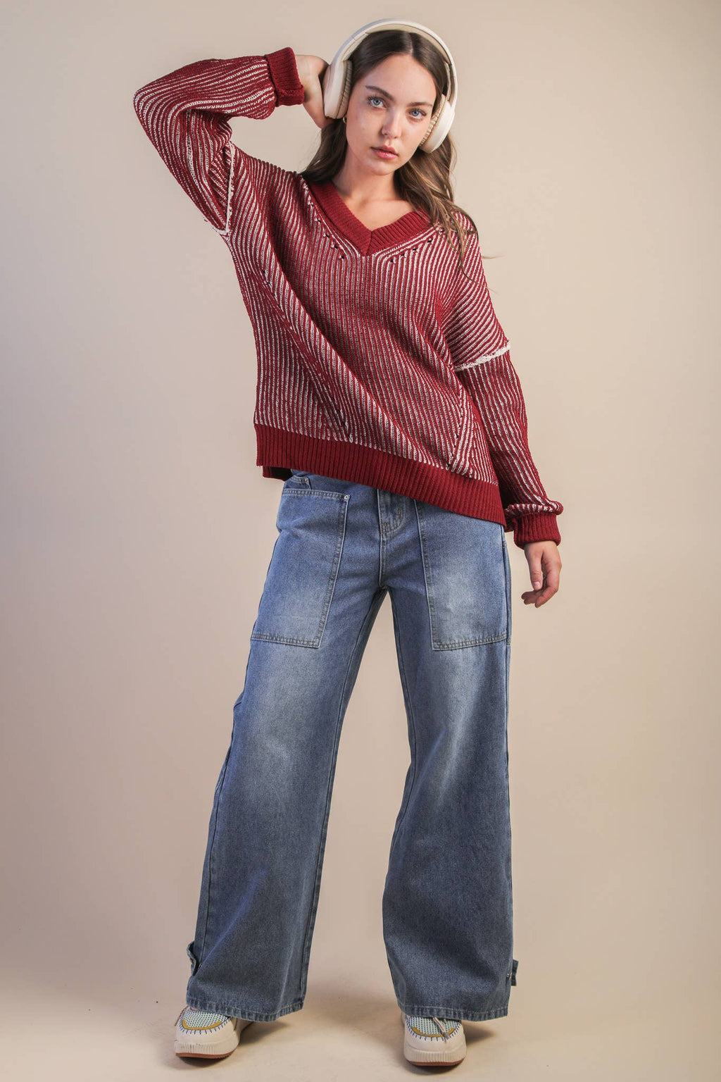 Oversized Two Tone Knit Casual Sweater Top