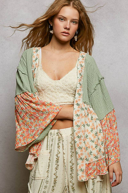 Pol Clothing - Double Gauze Floral Roomy Fit Open Cardigan with V-Back