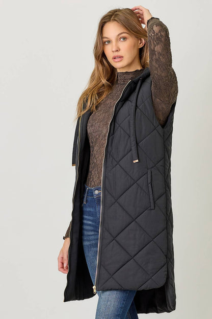 Mystree Quilted Puffer Long Hoodie Vest