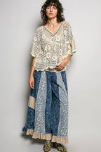 Pol Clothing - 3/4 Sleeve V-neck Crochet Varied Pattern Flared Top