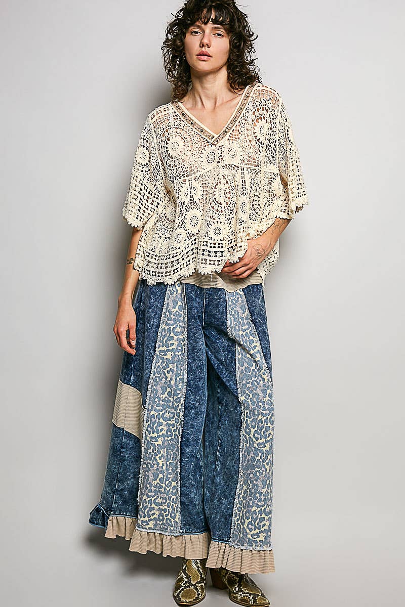 Pol Clothing - 3/4 Sleeve V-neck Crochet Varied Pattern Flared Top