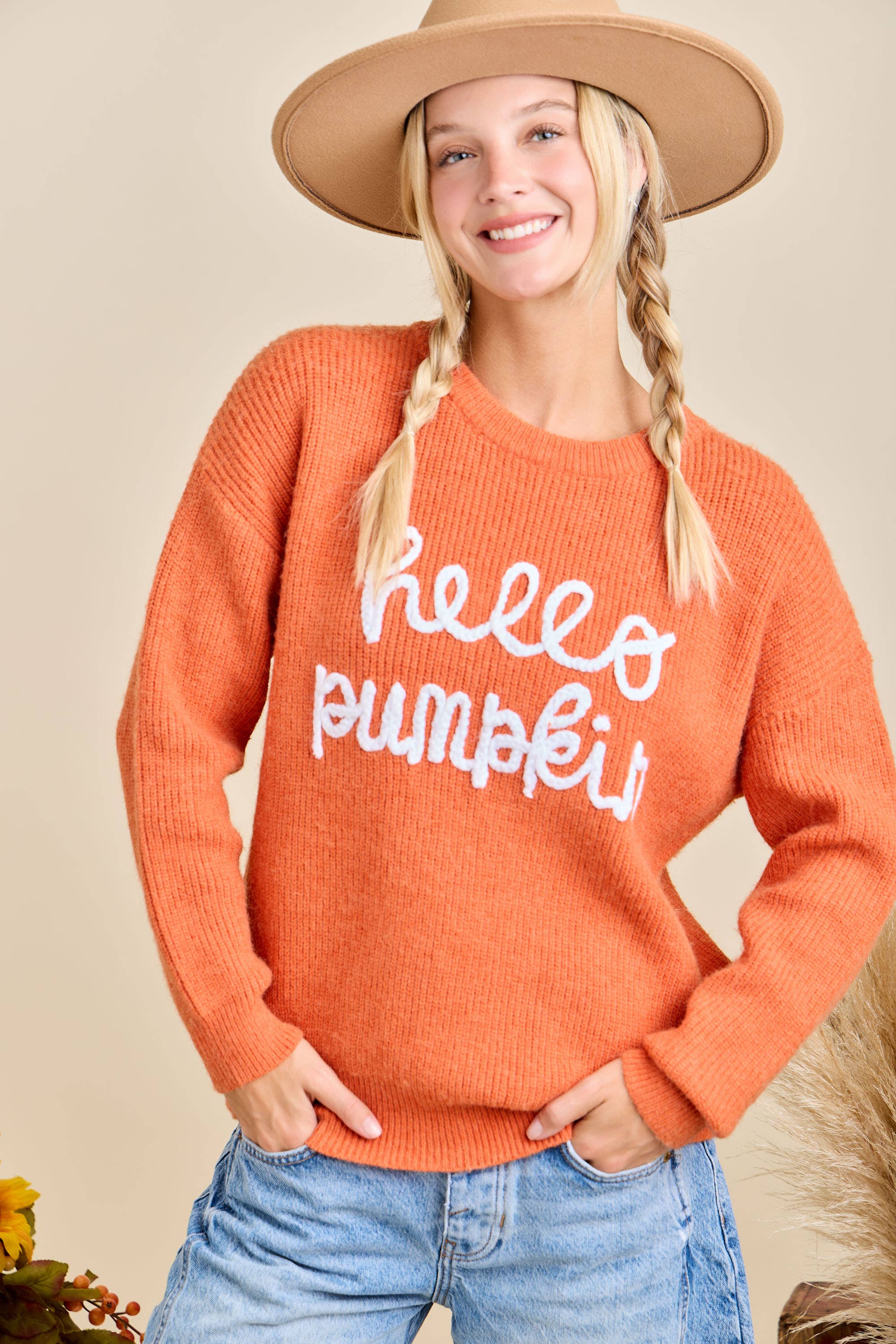 Main Strip - Hello Pumpkin Embroidered Knit Sweater – Fall Cozy Pullover