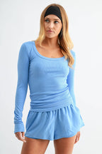Scoop Neck Micro-Ribbed Long Sleeve Top Mono B