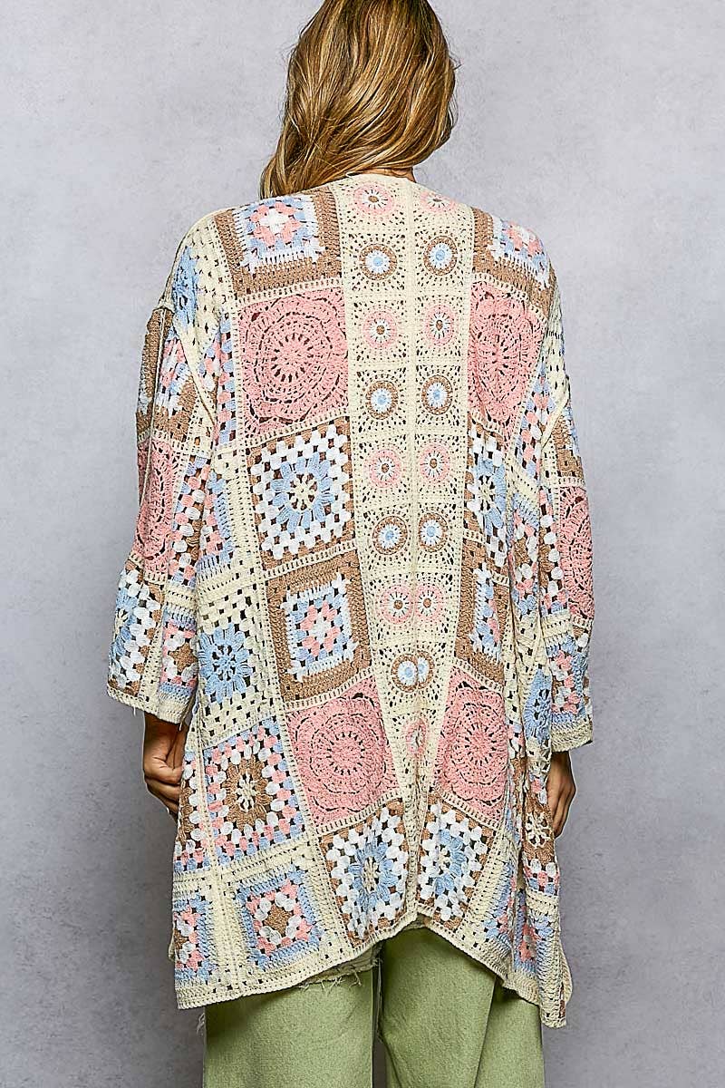 Long Sleeve Granny Square Crochet Open Cardigan-Pol Clothing One Size Fits Most