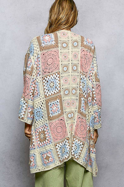 Long Sleeve Granny Square Crochet Open Cardigan-Pol Clothing One Size Fits Most
