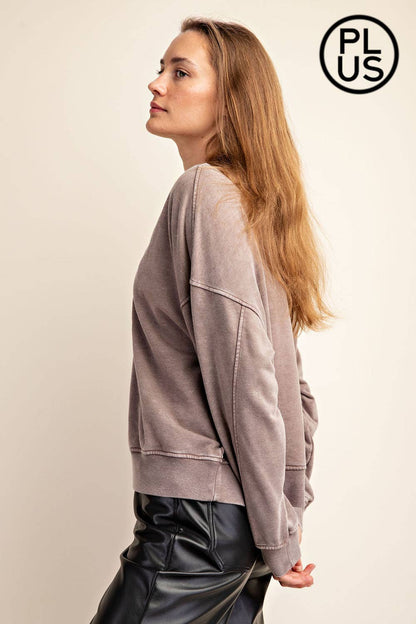 PLUS SIZE MINERAL WASHED FRENCH TERRY V-NECK PULLOVER Rae Mode