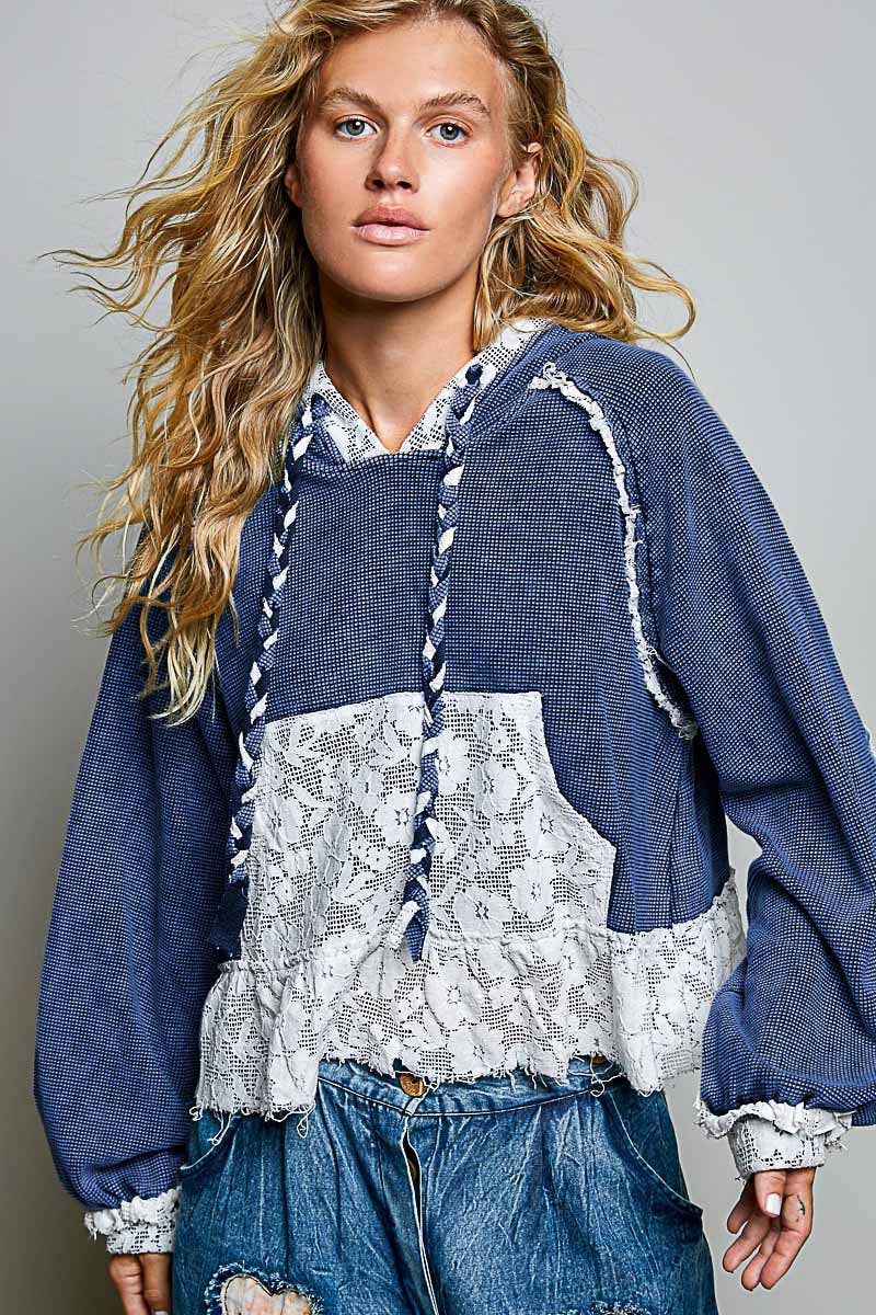 Pol Clothing - Cropped Balloon Sleeves Thermal Knit Lace Casual Hoodie
