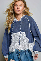 Pol Clothing - Cropped Balloon Sleeves Thermal Knit Lace Casual Hoodie