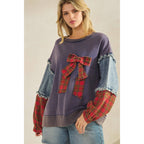 Sage + Fig - PLAID BOW DENIM SLEEVE PULLOVER (ST8117)