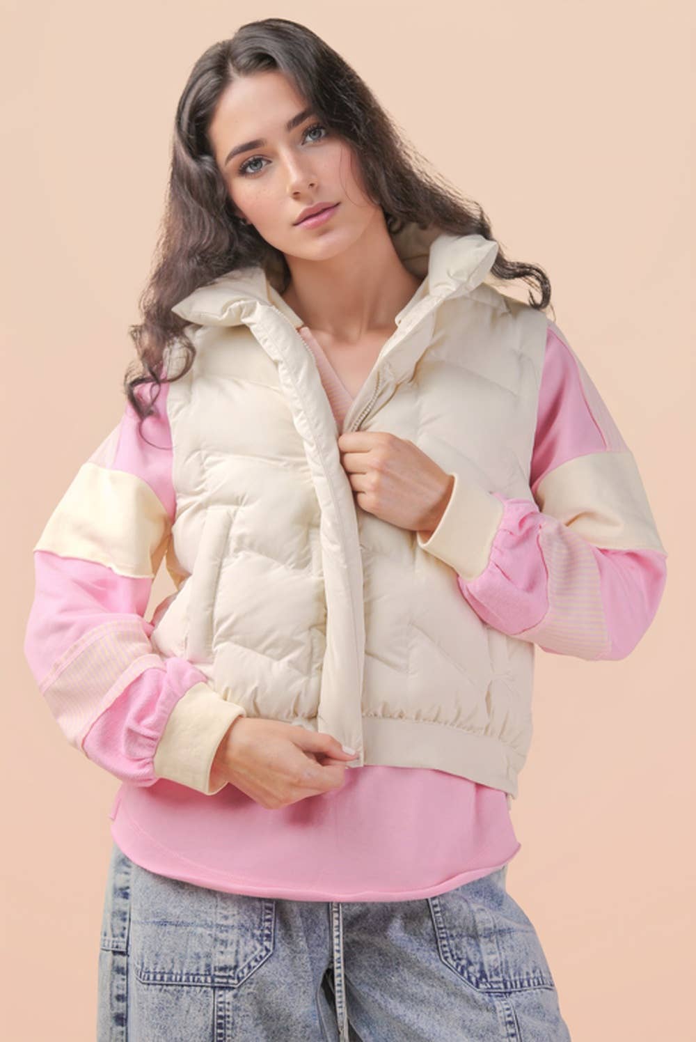 Bermie Mock Neck Casual Zigzag Quilted Puffer Vest