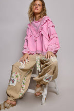 Pol Clothing - French Terry Eyelet Ruffle Vintage Washing Solid Knit Top