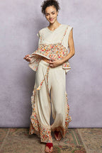 Pol Clothing - V-neck Floral Pattern Trim Ruffle Rib Knitted Sleeveless Top