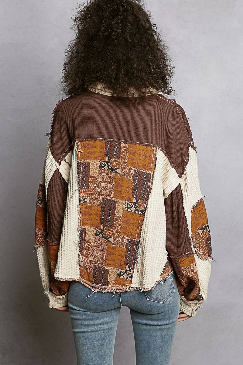 Pol Clothing - Balloon Sleeve Contrast Paisley Pattern Cropped Knit Jacket