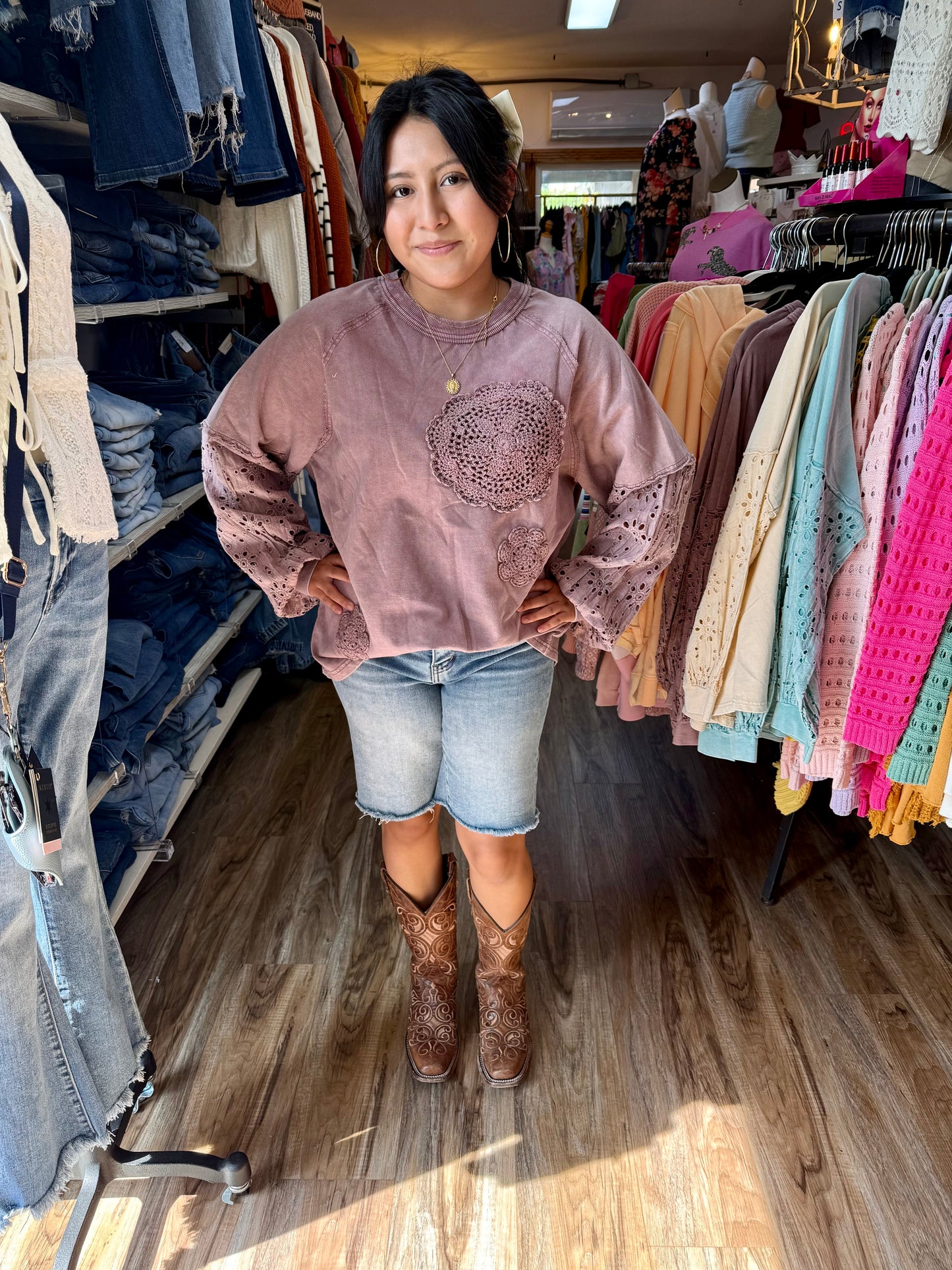 Easel Eyelet Lace Washed Terry Pullover