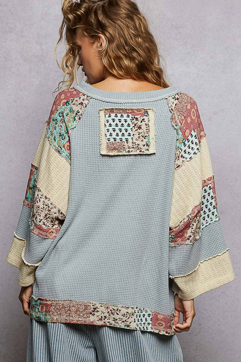 Pol Clothing - Round neck printed peace patch overlock stitch knit top