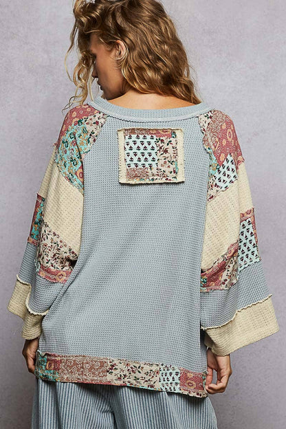 Pol Clothing - Round neck printed peace patch overlock stitch knit top