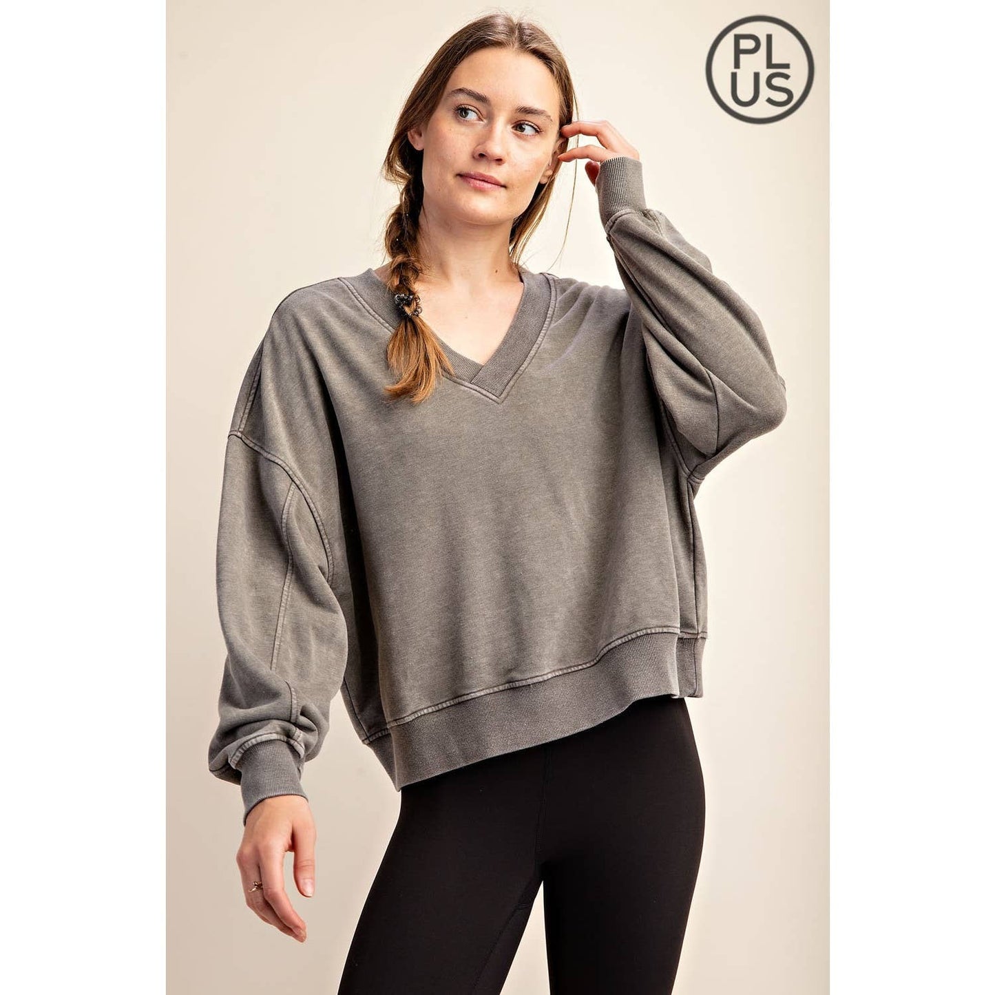 PLUS SIZE MINERAL WASHED FRENCH TERRY V-NECK PULLOVER Rae Mode