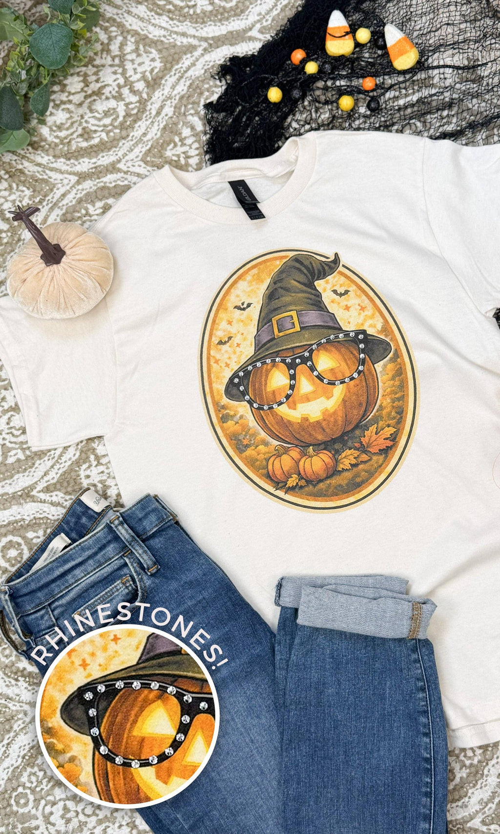 Sugar Stitch - Pumpkin with Rhinestone Specs Graphic T-Shirt