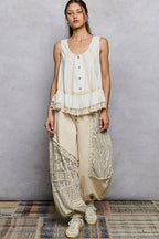 Pol Clothing - Metal Button Down Lace Trim Ruffle Round Neck Sleeveless