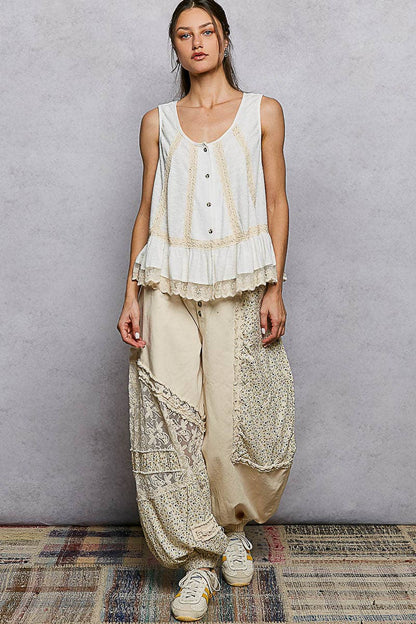 Pol Clothing - Metal Button Down Lace Trim Ruffle Round Neck Sleeveless