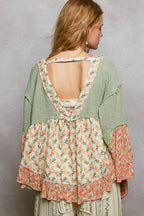 Pol Clothing - Double Gauze Floral Roomy Fit Open Cardigan with V-Back