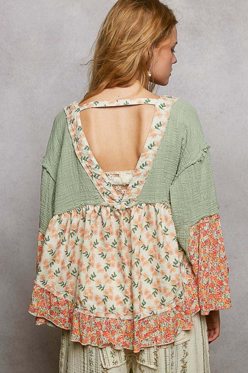 Pol Clothing - Double Gauze Floral Roomy Fit Open Cardigan with V-Back