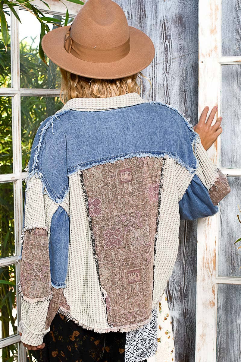 Pol Clothing - Balloon Sleeve Contrast Paisley Pattern Cropped Knit Jacket